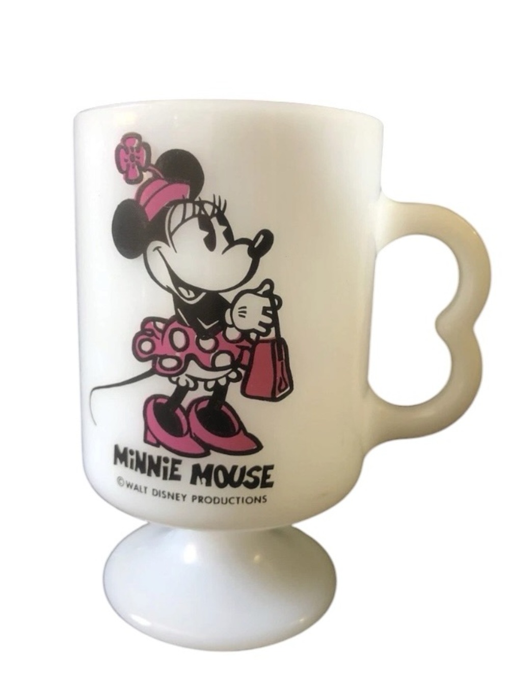 Vintage Minnie Mouse Walt Disney Productions Footed Milk Glass Mug Souvenir Cup